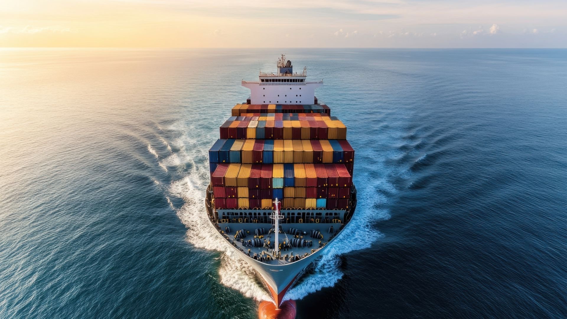 Colorful cargo ship sailing across calm ocean at golden sunset