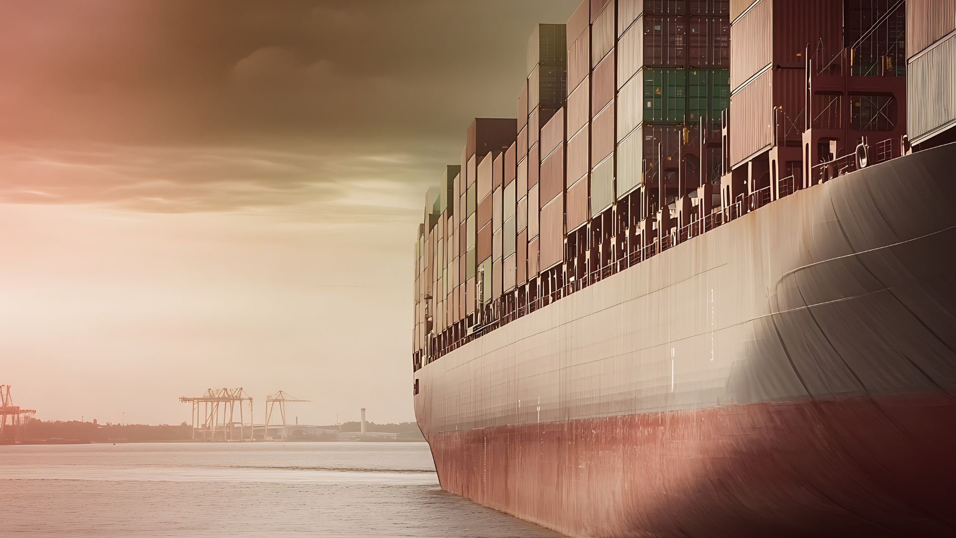 Large cargo ship loaded with shipping containers at industrial port