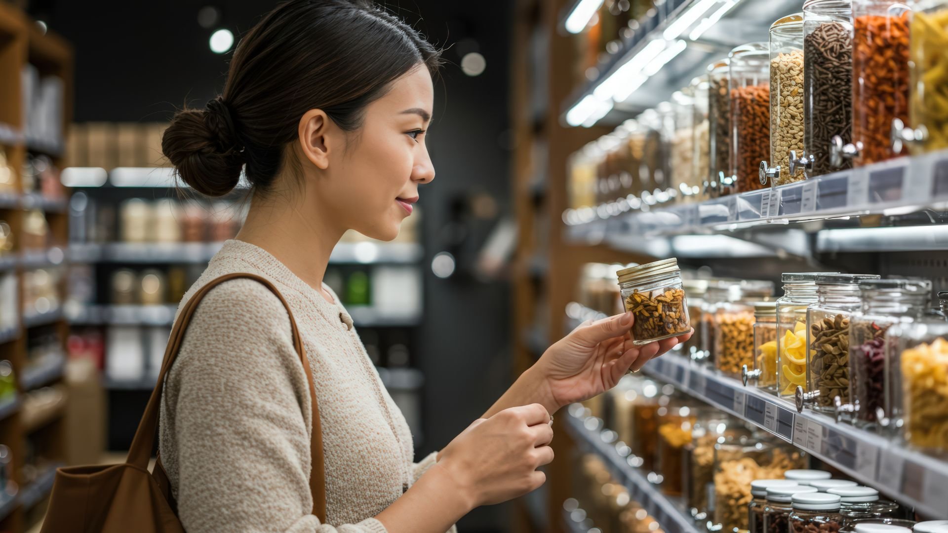 Woman selecting nuts and seeds from bulk containers in grocery store