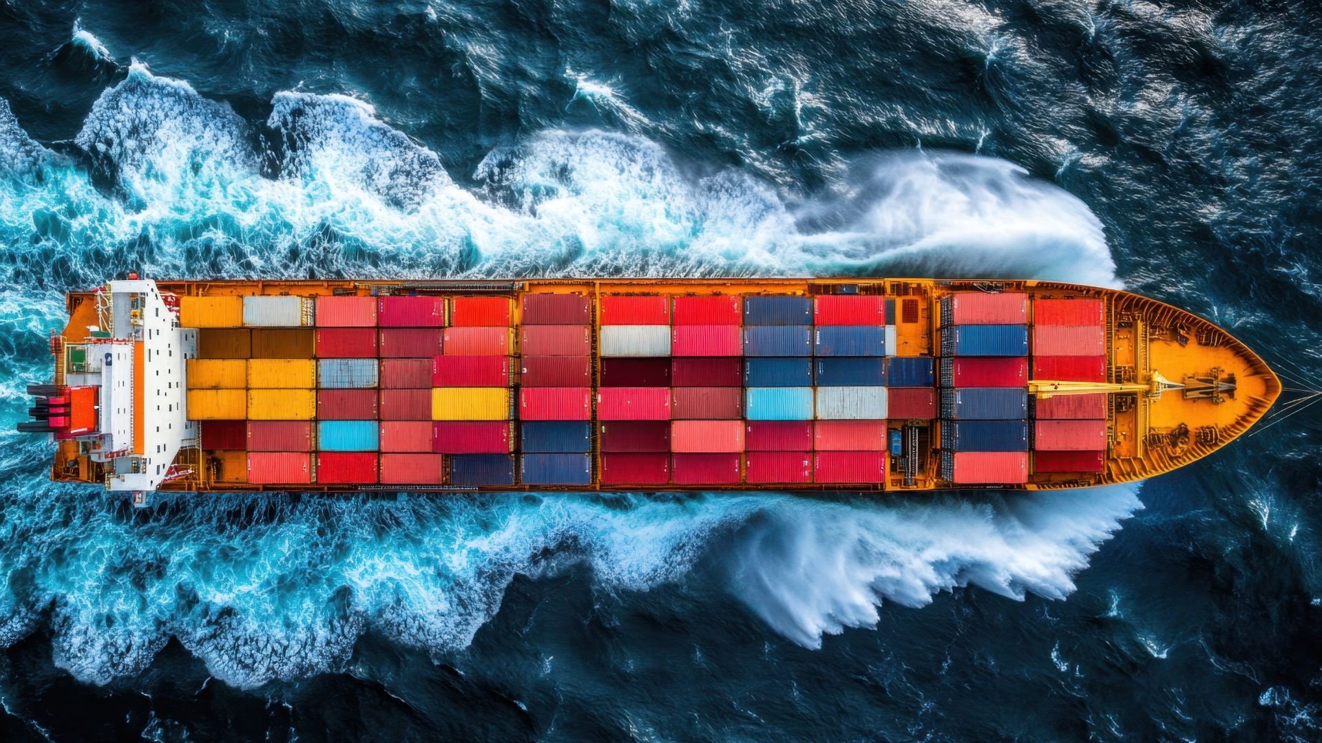 Colorful cargo ship sailing through rough, turbulent ocean waves
