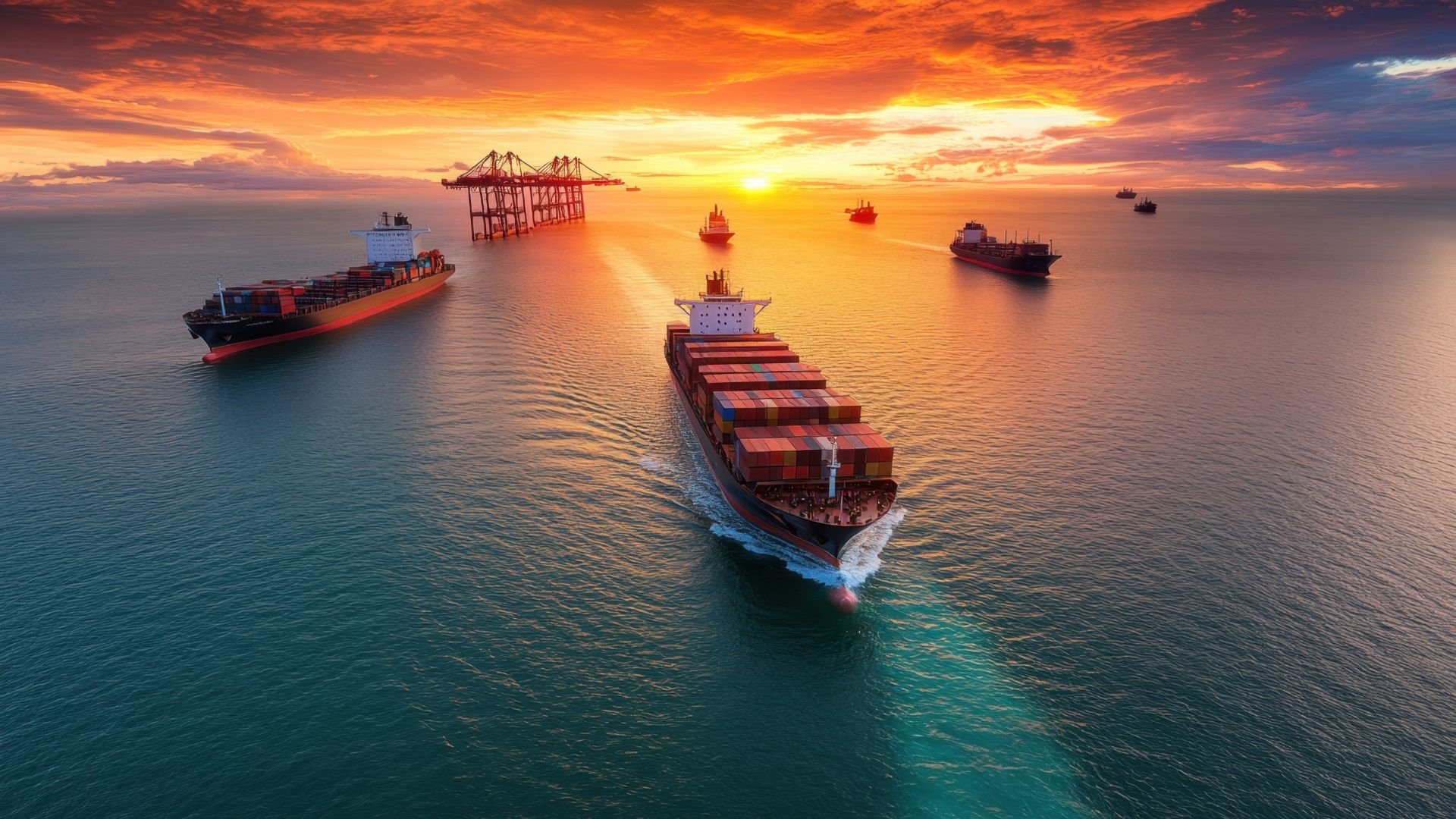 Cargo ships sailing at sunset with colorful containers near port cranes